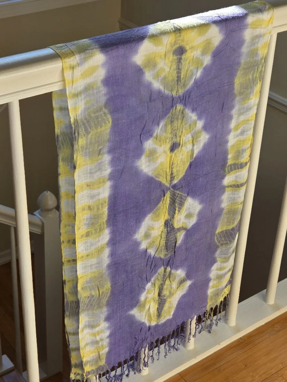 ROOTS Purple Yellow Tie Dye Shibori Fringe Wrap Scarf Lightweight Gauze Shawl